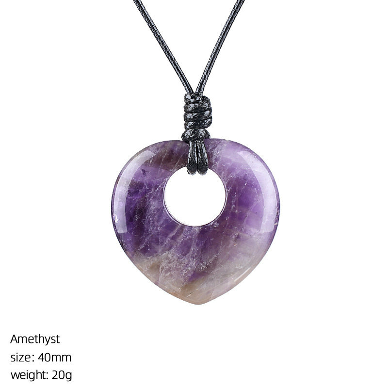 Natural Stone Heart Pendant Necklace Adjustable Rope Heart Charm