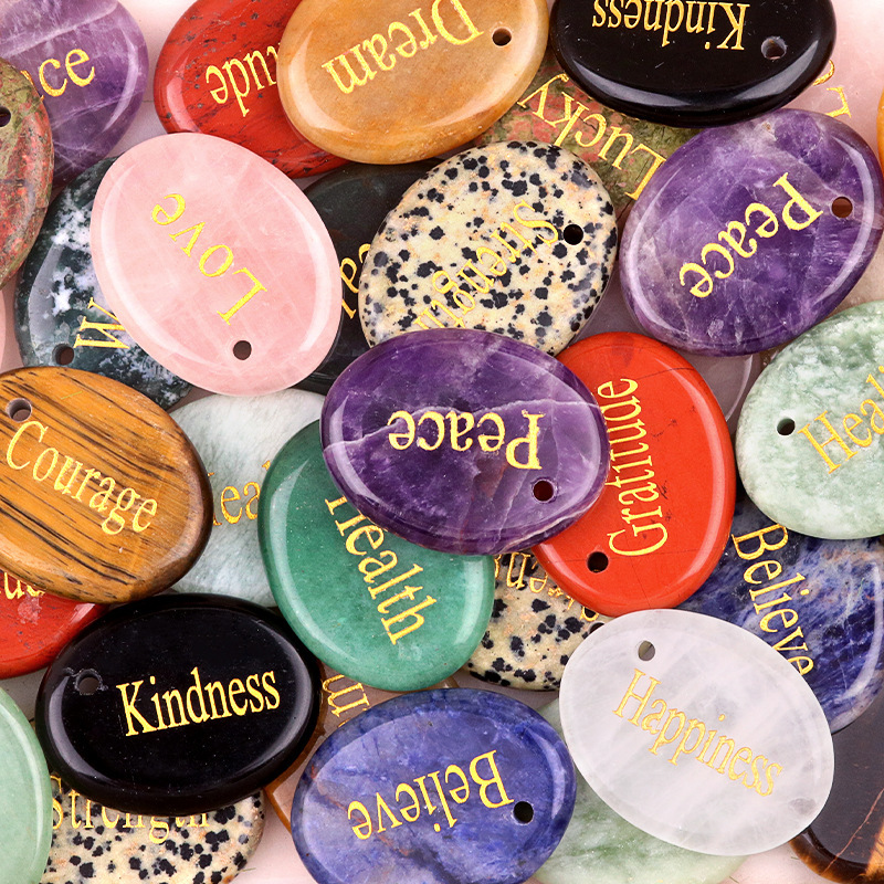 Natural Crystal Engraved Affirmation Stone Pendant, Oval Word Carved Agate Charm with Hole for Keychain Necklace Bag Charm and Gift Accessory