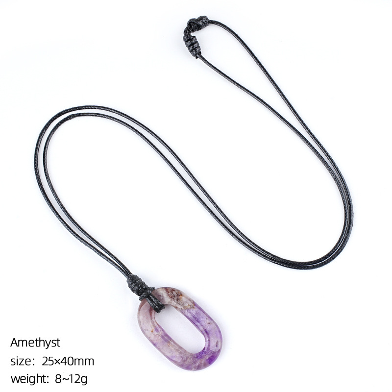 Natural Stone O Ring Necklace, Adjustable Oval Large Hole Pendant Necklace with Polished Crystal Loop Charm for Everyday Wear and Minimalist Styling