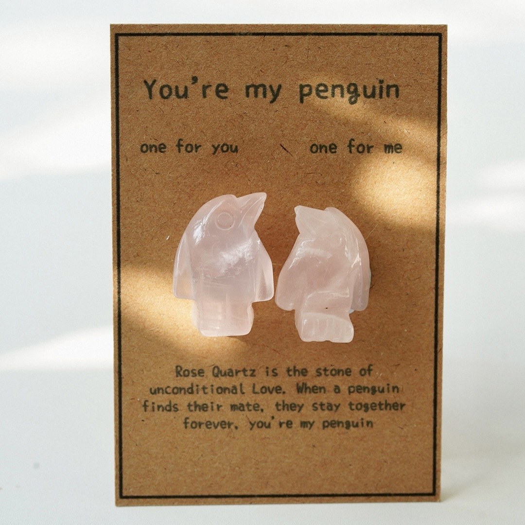 Natural Rose Quartz Penguin Figurine Set, Hand Carved Stone Couple Penguins with Gift Box and Message Card