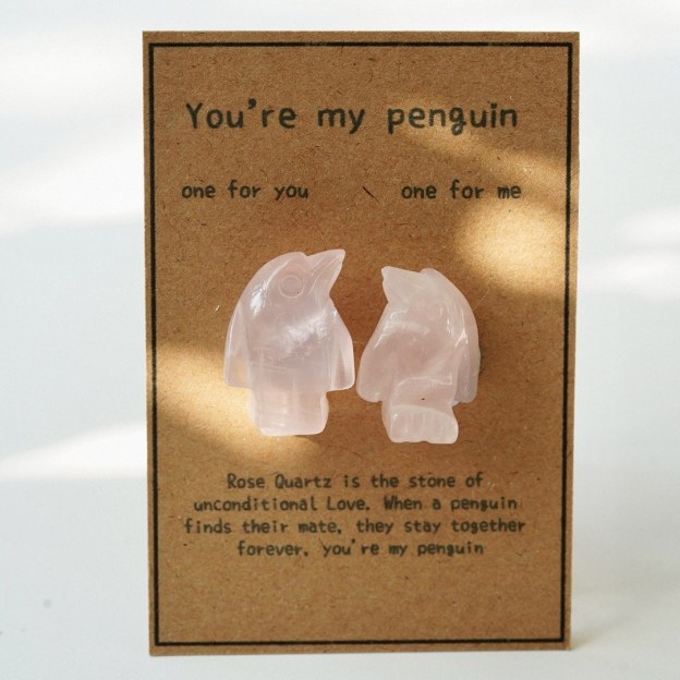 Natural Rose Quartz Penguin Figurine Set, Hand Carved Stone Couple Penguins with Gift Box and Message Card