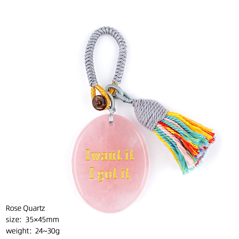 Natural Crystal Engraved Palm Stone Keychain, Oval Agate Worry Stone Bag Charm with Tassel for Car Hanging Decor, Mindful Gift and Everyday Accessory