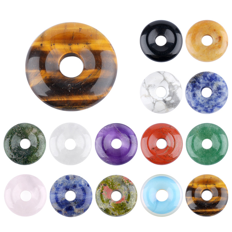Natural Gemstone Donut Pendant Large Hole Round Peace Buckle Crystal Necklace DIY Charm26022107