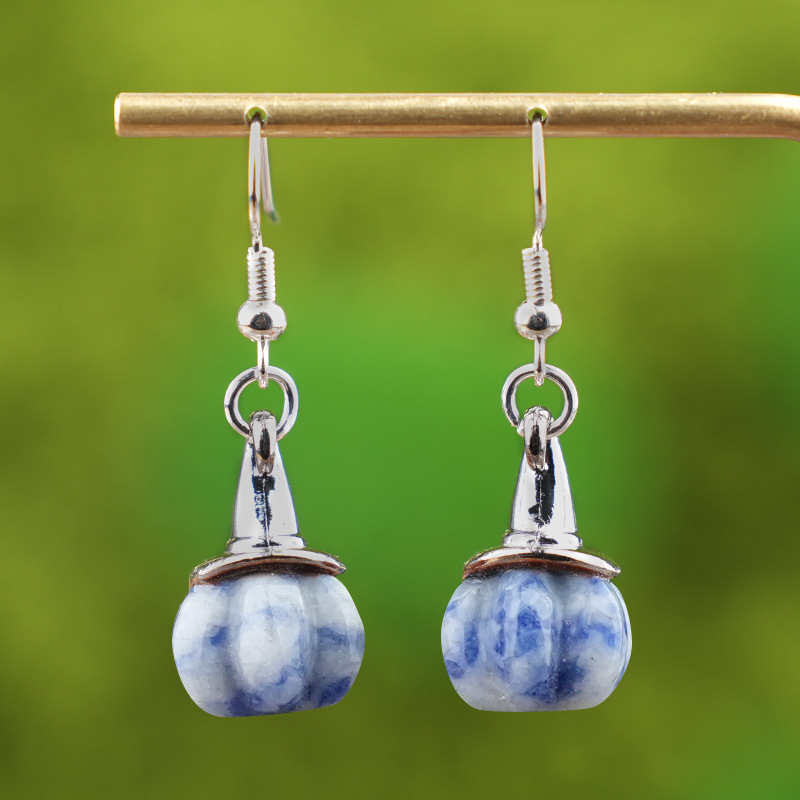 Natural Crystal Pumpkin Earrings, Agate Stone Witch Hat Drop Earrings, Vintage Halloween Style Gemstone Dangle Ear Jewelry