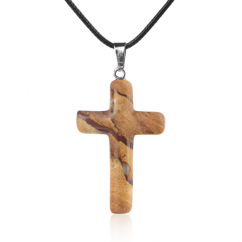 Natural Crystal Cross Pendant Necklace Spiritual Healing Pendant with Adjustable Cord for Meditation
