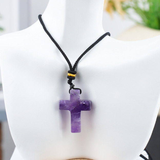 Natural Stone Cross Pendant Necklace, Horizontal Hole Cross Charm Jewelry, Adjustable Rope Necklace, Easter Gift Jewelry Accessory