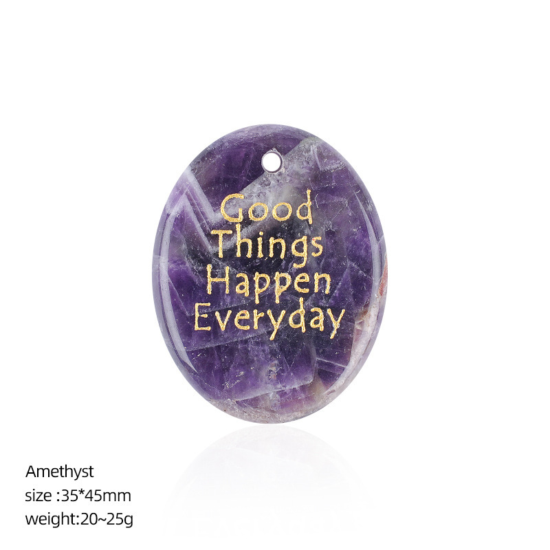 Natural Stone Oval Pendant with Inspirational Engraving Good Things Happen Everyday, Handheld Worry Stone Charm for Necklace DIY Craft