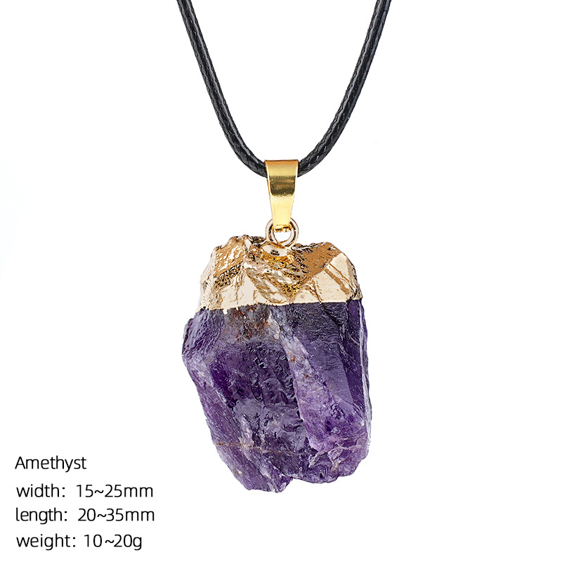 Natural Raw Stone Pendant Necklace Irregular Rough Stone Charm with Gold Tone Cap Adjustable Rope Necklace