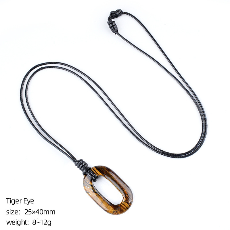 Natural Stone O Ring Necklace, Adjustable Oval Large Hole Pendant Necklace with Polished Crystal Loop Charm for Everyday Wear and Minimalist Styling