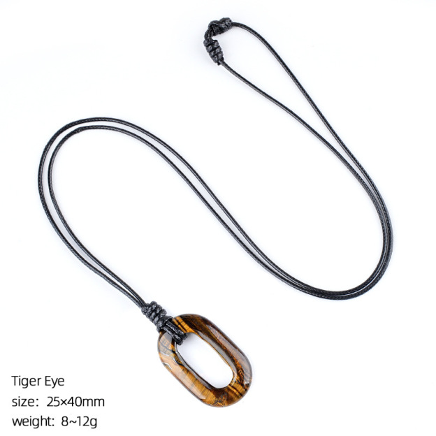 Natural Stone O Ring Necklace, Adjustable Oval Large Hole Pendant Necklace with Polished Crystal Loop Charm for Everyday Wear and Minimalist Styling