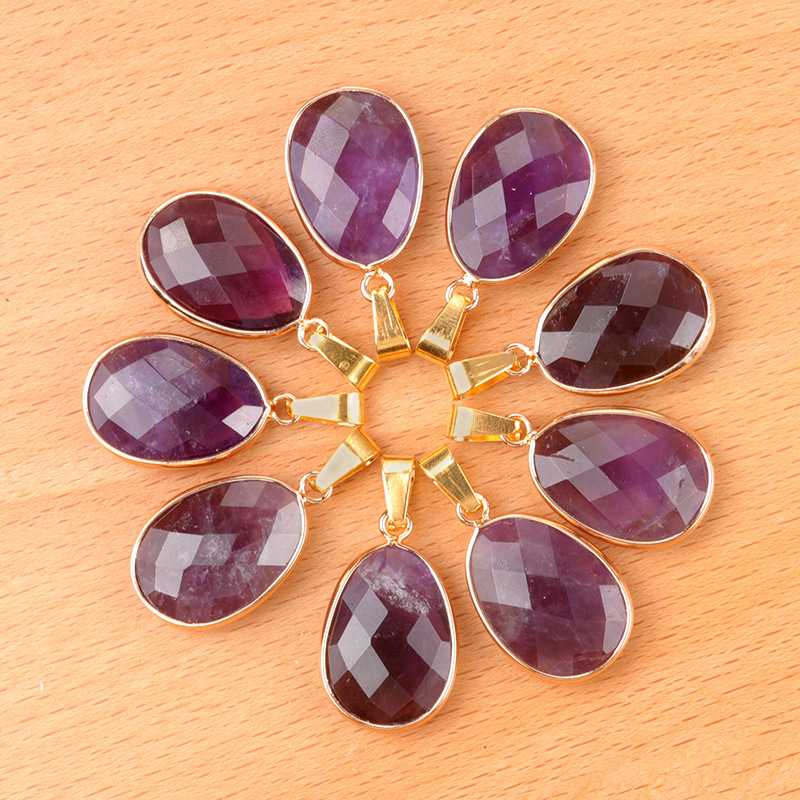 Natural Crystal Faceted Oval Pendant, Copper Wrapped Single Hole Gemstone Charm for DIY Necklace Making and Elegant Jewelry Styling