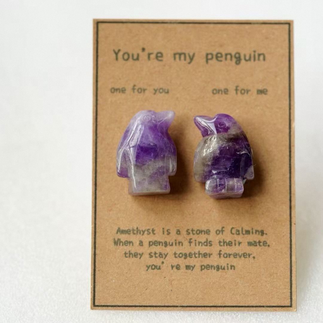 Rose Quartz Penguin Figurine Set | Hand Carved Stone Couple with Gift Box