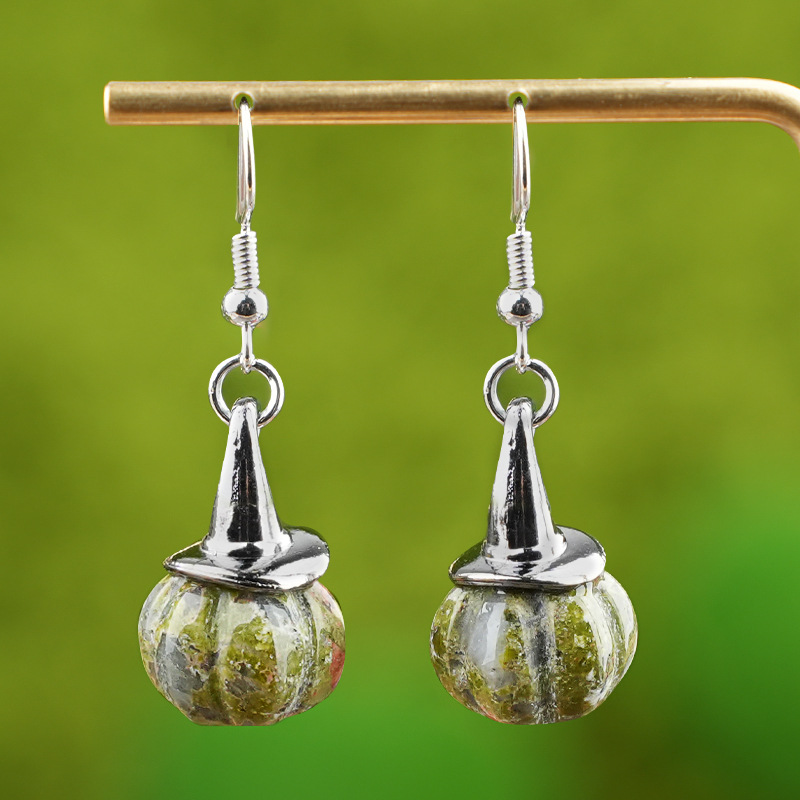 Natural Crystal Pumpkin Earrings, Agate Stone Witch Hat Drop Earrings, Vintage Halloween Style Gemstone Dangle Ear Jewelry