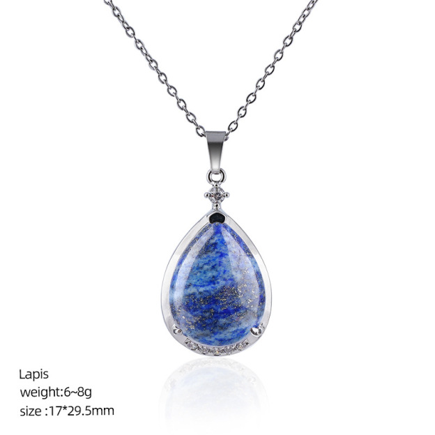 Natural Crystal Teardrop Pendant Necklace, Water Drop Gemstone Inlay Chain Necklace for Daily Wear or Gift