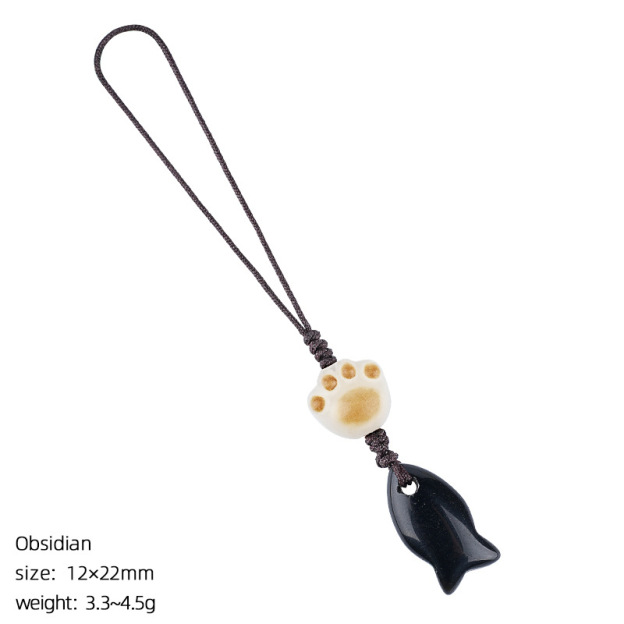 Natural Crystal Fish Charm with Paw Bead, Mini Gemstone Keychain & Phone Strap, Hand-Carved Stone Bag Charm Gift