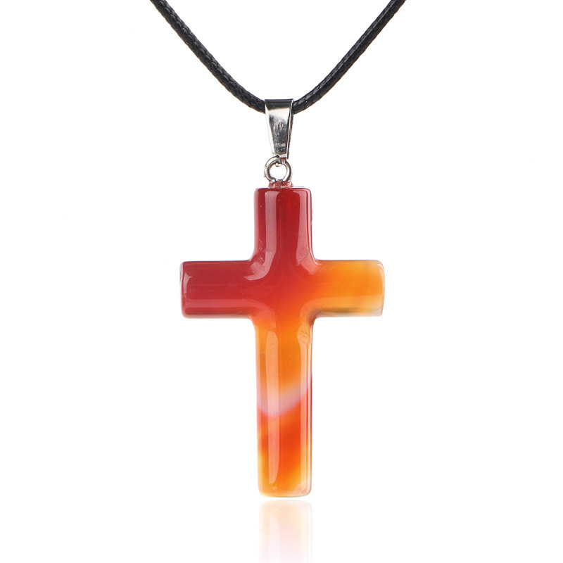 Natural Crystal Cross Pendant Necklace Spiritual Healing Pendant with Adjustable Cord for Meditation