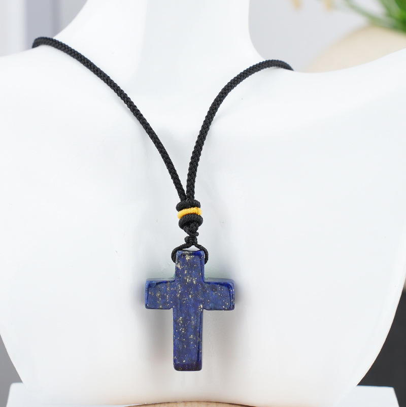 Natural Stone Cross Pendant Necklace, Horizontal Hole Cross Charm Jewelry, Adjustable Rope Necklace, Easter Gift Jewelry Accessory