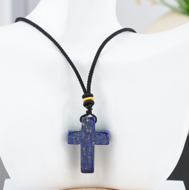 Natural Stone Cross Pendant Necklace, Horizontal Hole Cross Charm Jewelry, Adjustable Rope Necklace, Easter Gift Jewelry Accessory
