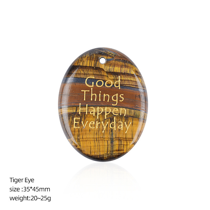 Natural Stone Oval Pendant with Inspirational Engraving Good Things Happen Everyday, Handheld Worry Stone Charm for Necklace DIY Craft