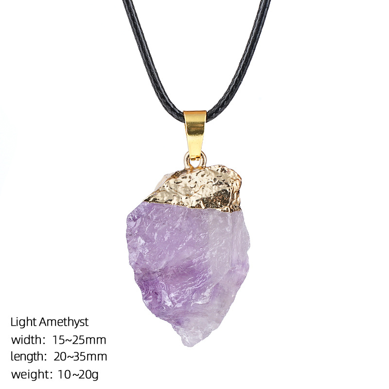 Natural Raw Stone Pendant Necklace Irregular Rough Stone Charm with Gold Tone Cap Adjustable Rope Necklace