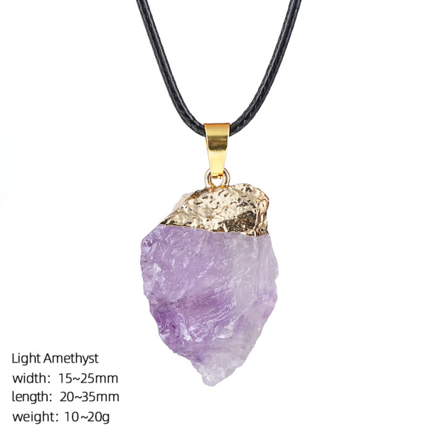 Natural Raw Stone Pendant Necklace Irregular Rough Stone Charm with Gold Tone Cap Adjustable Rope Necklace