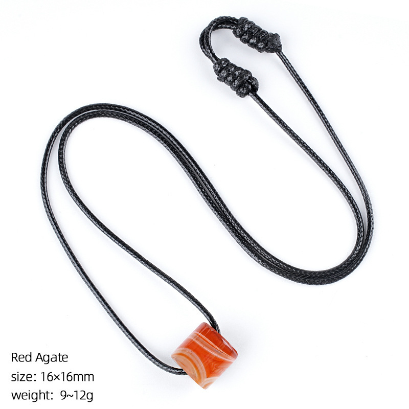 Natural Stone Cylinder Pendant Necklace Adjustable Braided Rope Large Hole Minimalist Vintage Style Everyday Fashion Accessory