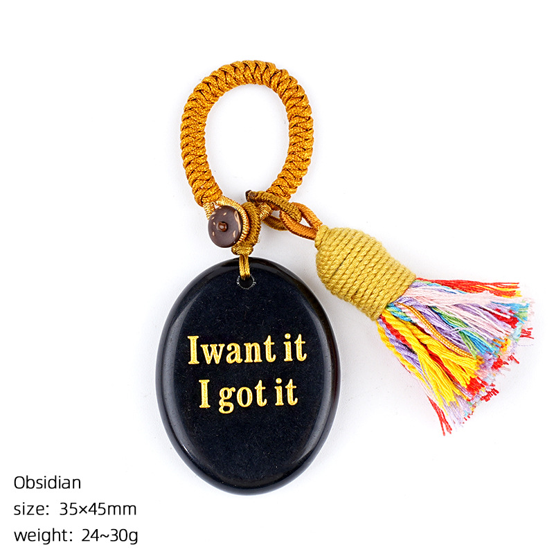 Natural Crystal Engraved Palm Stone Keychain, Oval Agate Worry Stone Bag Charm with Tassel for Car Hanging Decor, Mindful Gift and Everyday Accessory