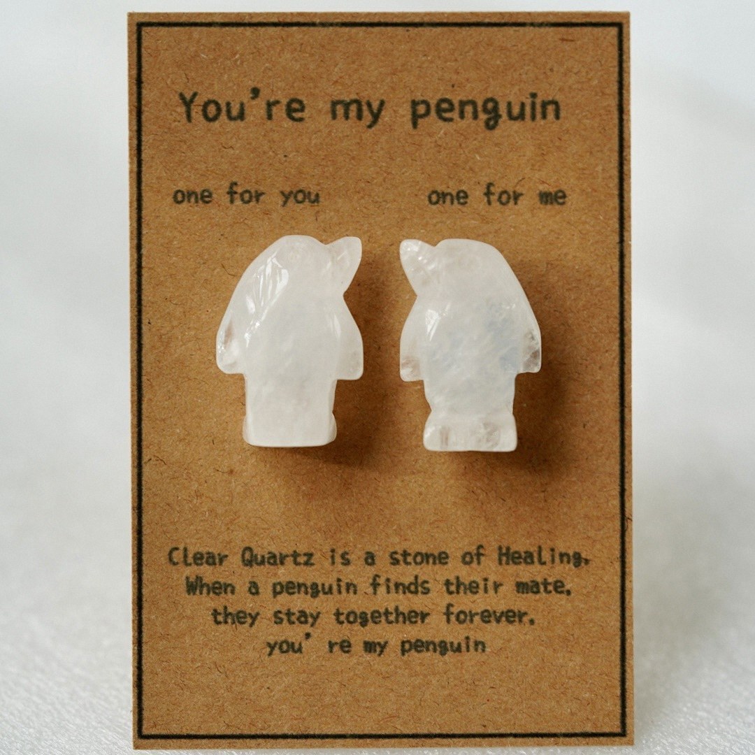 Natural Rose Quartz Penguin Figurine Set, Hand Carved Stone Couple Penguins with Gift Box and Message Card