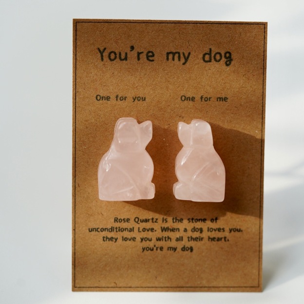 Rose Quartz Animal Couple Carving with Message Card, Hand-Carved Crystal Love Gift for Valentine’s Day & Anniversary