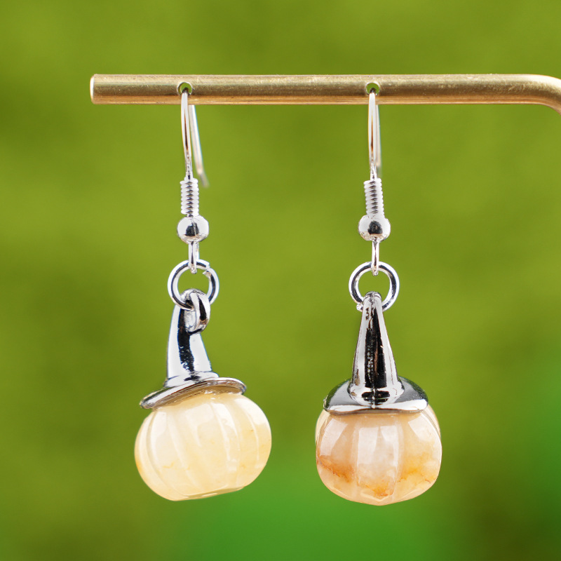 Natural Crystal Pumpkin Earrings, Agate Stone Witch Hat Drop Earrings, Vintage Halloween Style Gemstone Dangle Ear Jewelry