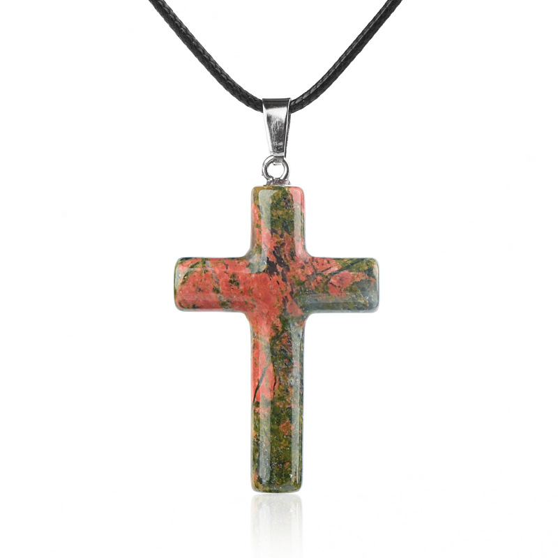 Natural Crystal Cross Pendant Necklace Spiritual Healing Pendant with Adjustable Cord for Meditation
