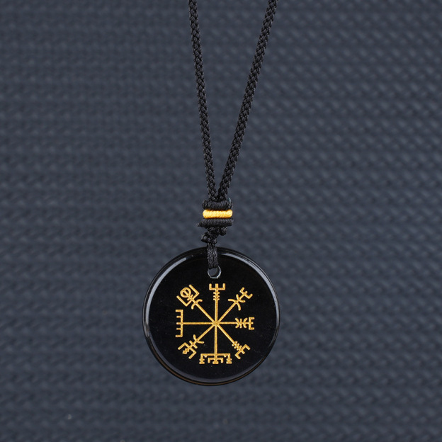 Viking Style Crystal Pendant Necklace Natural Agate Symbol with Round Shape