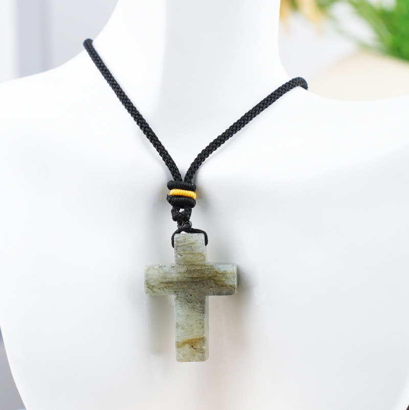Natural Stone Cross Pendant Necklace, Horizontal Hole Cross Charm Jewelry, Adjustable Rope Necklace, Easter Gift Jewelry Accessory