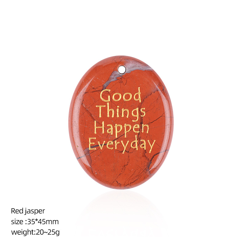 Natural Stone Oval Pendant with Inspirational Engraving Good Things Happen Everyday, Handheld Worry Stone Charm for Necklace DIY Craft