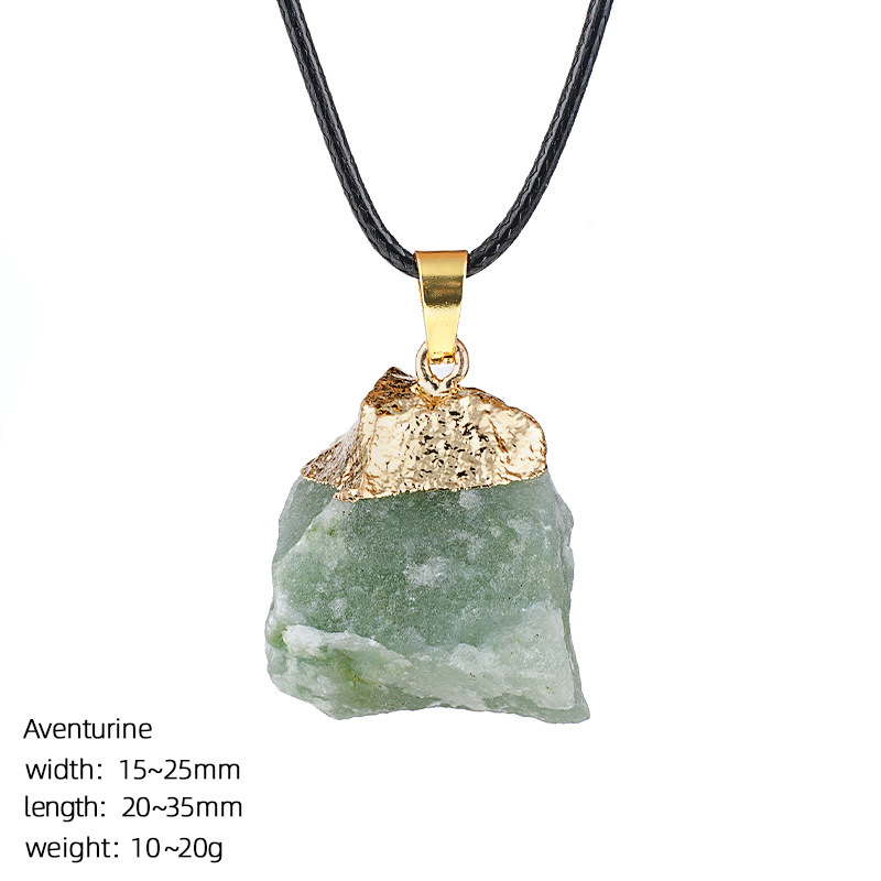 Natural Raw Stone Pendant Necklace Irregular Rough Stone Charm with Gold Tone Cap Adjustable Rope Necklace