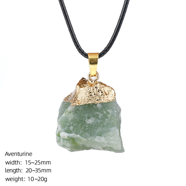 Natural Raw Stone Pendant Necklace Irregular Rough Stone Charm with Gold Tone Cap Adjustable Rope Necklace