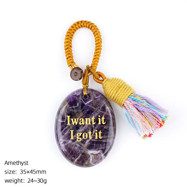 Natural Crystal Engraved Palm Stone Keychain, Oval Agate Worry Stone Bag Charm with Tassel for Car Hanging Decor, Mindful Gift and Everyday Accessory