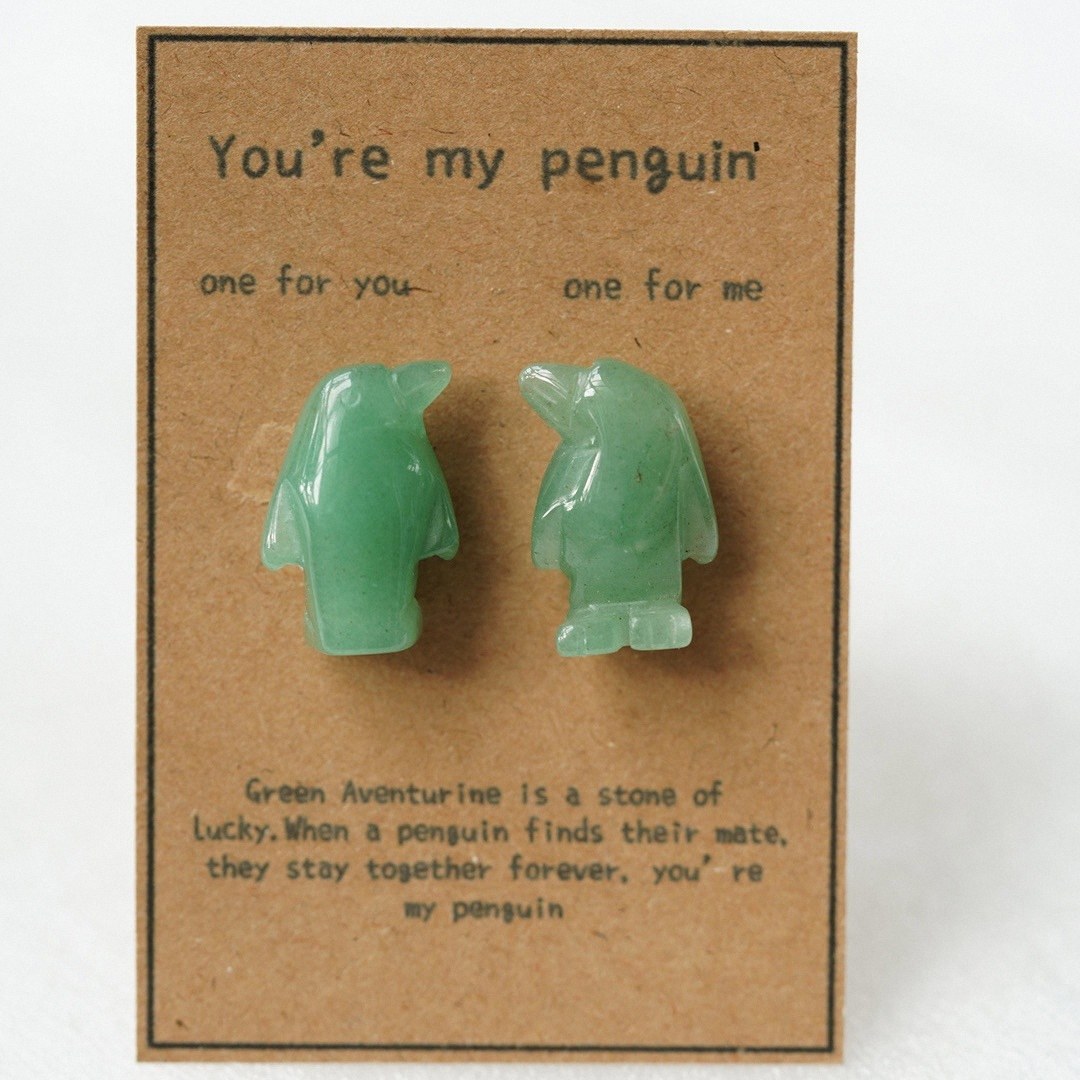 Natural Rose Quartz Penguin Figurine Set, Hand Carved Stone Couple Penguins with Gift Box and Message Card