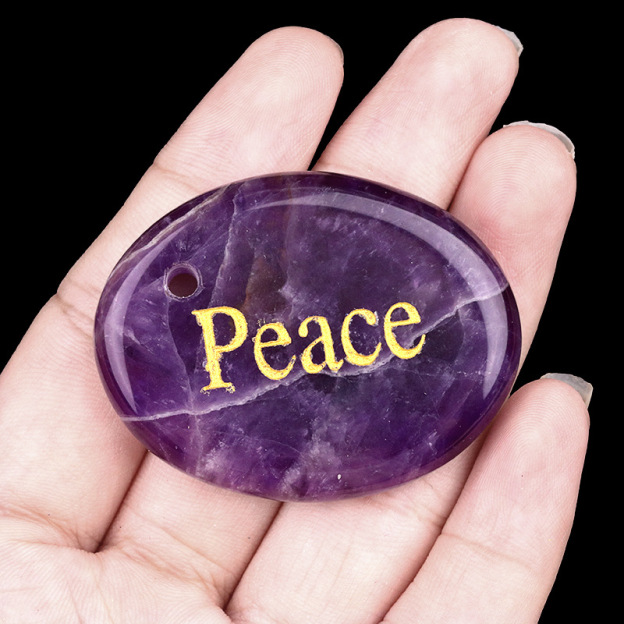 Natural Crystal Engraved Affirmation Stone Pendant, Oval Word Carved Agate Charm with Hole for Keychain Necklace Bag Charm and Gift Accessory