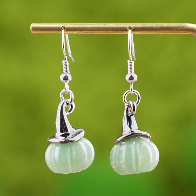 Natural Crystal Pumpkin Earrings, Agate Stone Witch Hat Drop Earrings, Vintage Halloween Style Gemstone Dangle Ear Jewelry