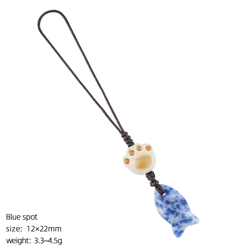 Natural Crystal Fish Charm with Paw Bead, Mini Gemstone Keychain & Phone Strap, Hand-Carved Stone Bag Charm Gift