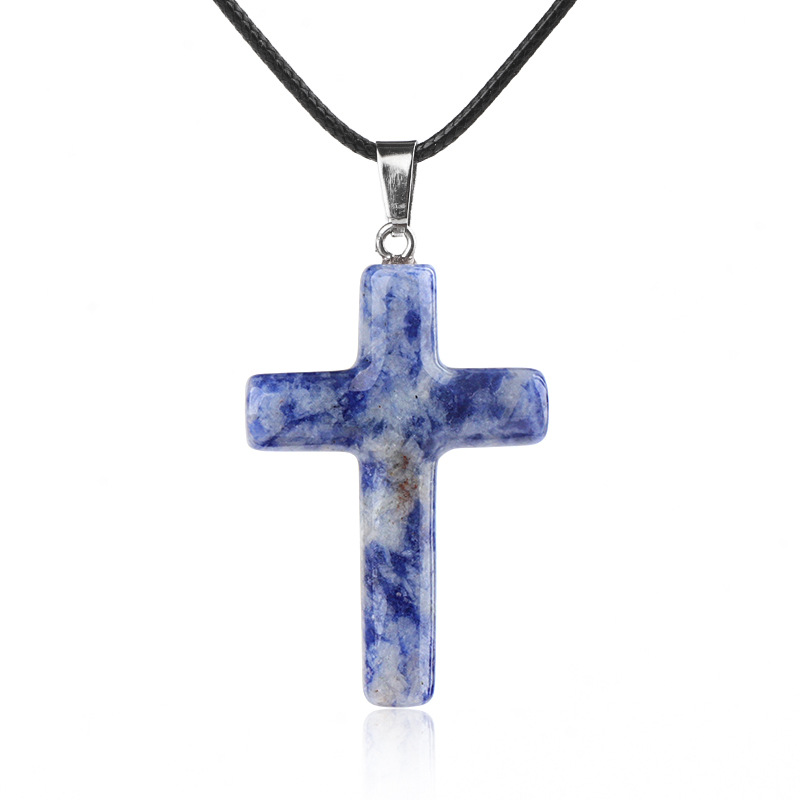 Natural Crystal Cross Pendant Necklace Spiritual Healing Pendant with Adjustable Cord for Meditation