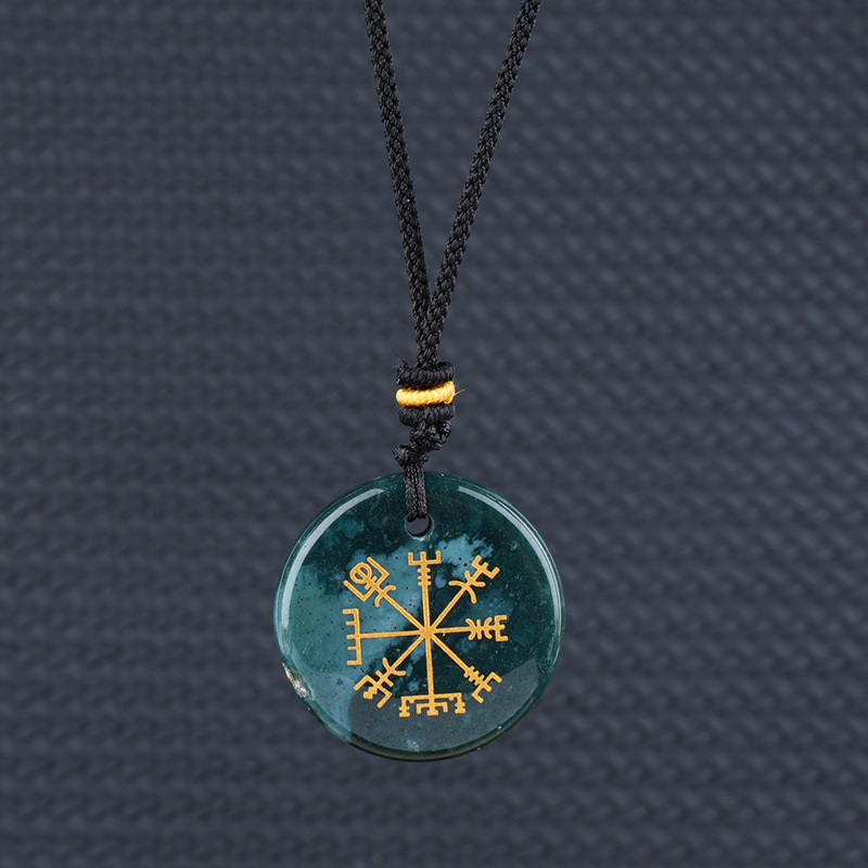 Viking Style Crystal Pendant Necklace Natural Agate Symbol with Round Shape