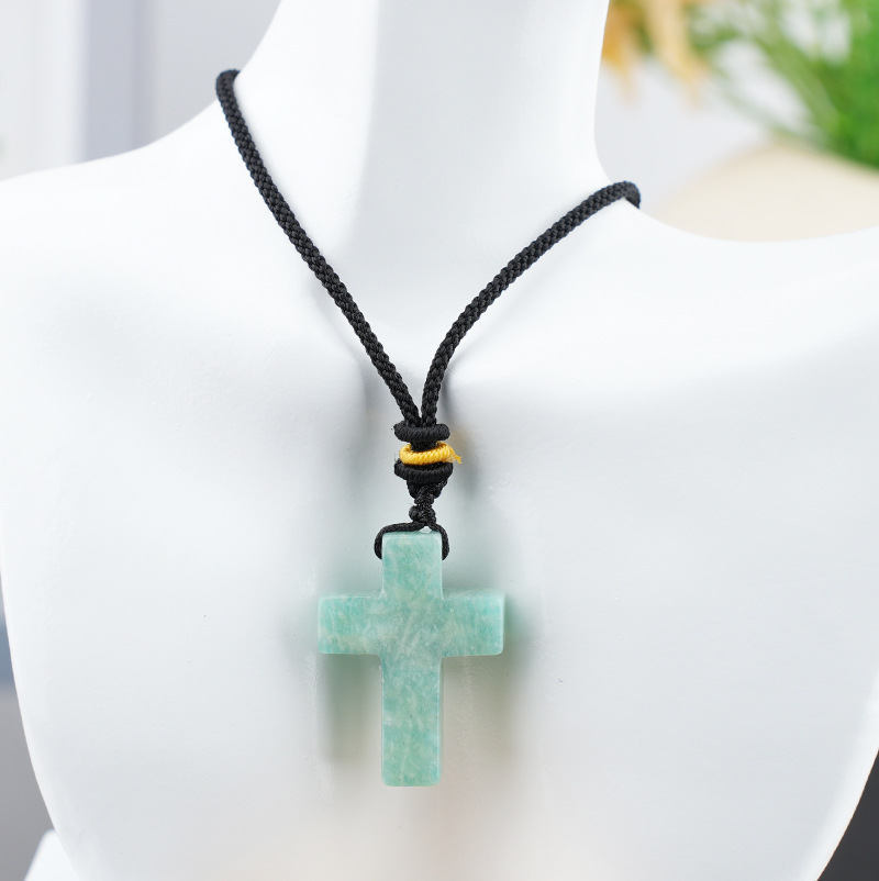 Natural Stone Cross Pendant Necklace, Horizontal Hole Cross Charm Jewelry, Adjustable Rope Necklace, Easter Gift Jewelry Accessory
