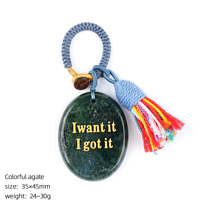 Natural Crystal Engraved Palm Stone Keychain, Oval Agate Worry Stone Bag Charm with Tassel for Car Hanging Decor, Mindful Gift and Everyday Accessory