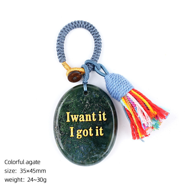 Natural Crystal Engraved Palm Stone Keychain, Oval Agate Worry Stone Bag Charm with Tassel for Car Hanging Decor, Mindful Gift and Everyday Accessory