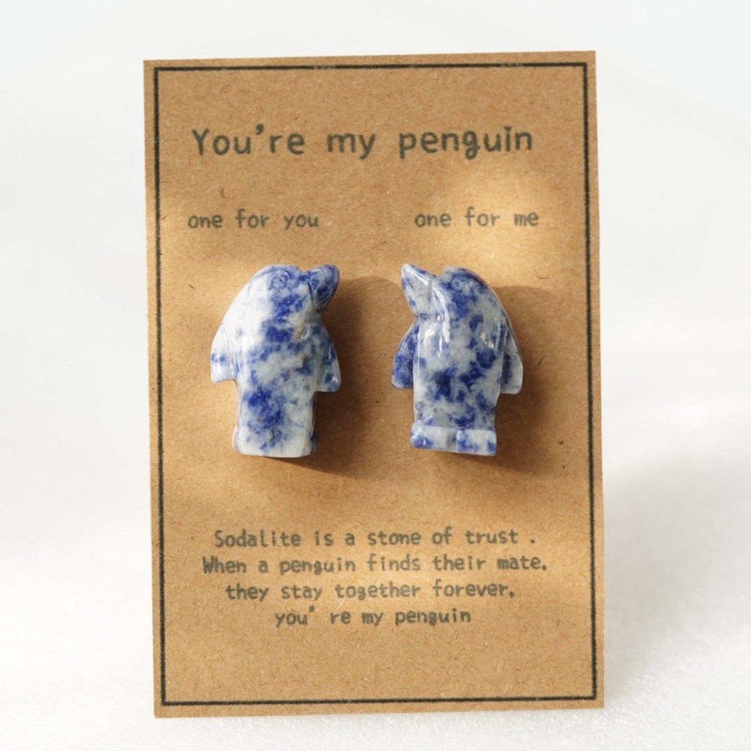 Natural Rose Quartz Penguin Figurine Set, Hand Carved Stone Couple Penguins with Gift Box and Message Card