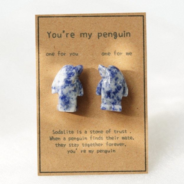 Natural Rose Quartz Penguin Figurine Set, Hand Carved Stone Couple Penguins with Gift Box and Message Card