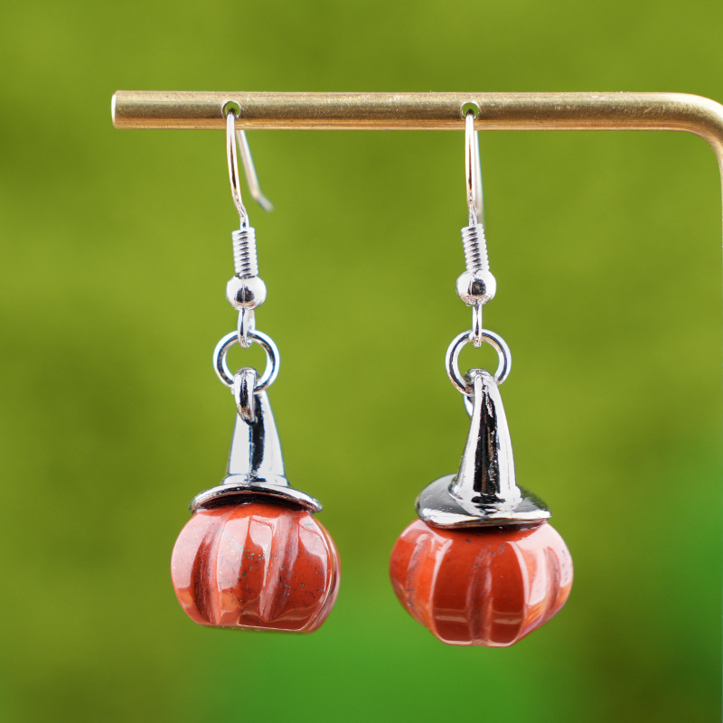 Natural Crystal Pumpkin Earrings, Agate Stone Witch Hat Drop Earrings, Vintage Halloween Style Gemstone Dangle Ear Jewelry
