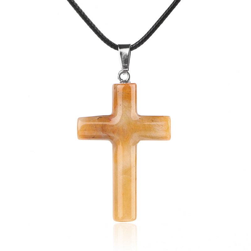 Natural Crystal Cross Pendant Necklace Spiritual Healing Pendant with Adjustable Cord for Meditation